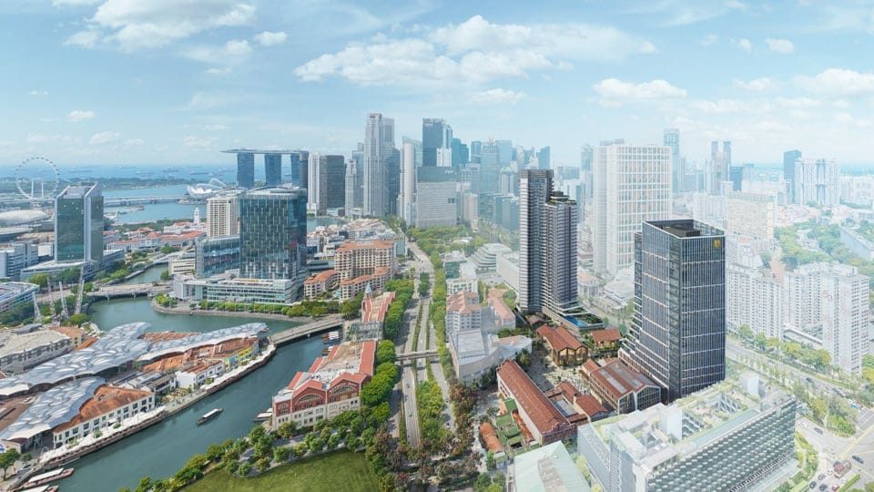 Aerial artist's impression of Union Square beside the Singapore River with Marina Bay in the distance