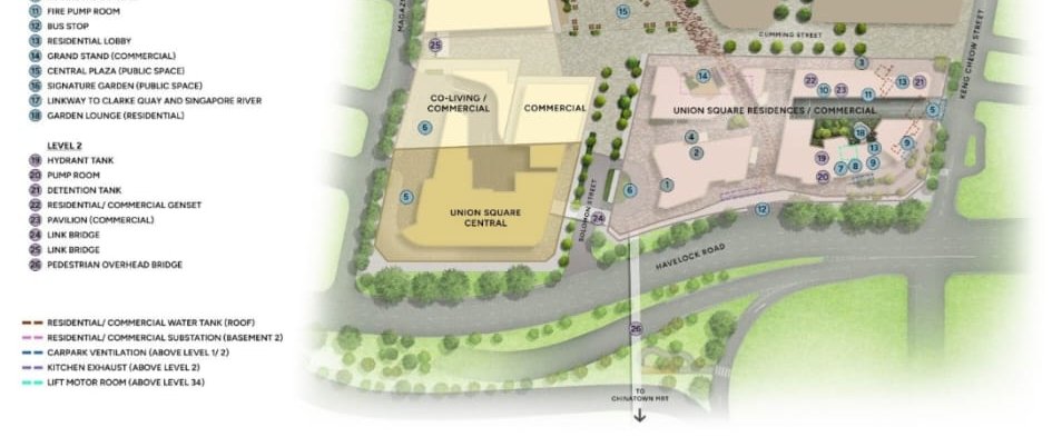 Ground and Level 2 site plan of Union Square bounded by Havelock Road, Magazine Road, Cumming Street and Keng Cheow Street