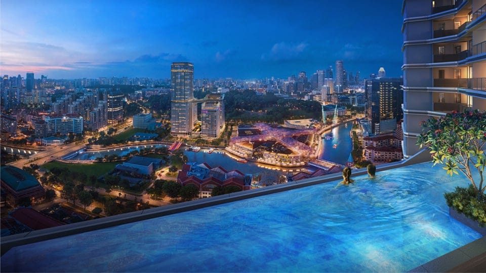 Artist's impression of the sky pool at Union Square Residences overlooking Clarke Quay and the Singapore River at dusk