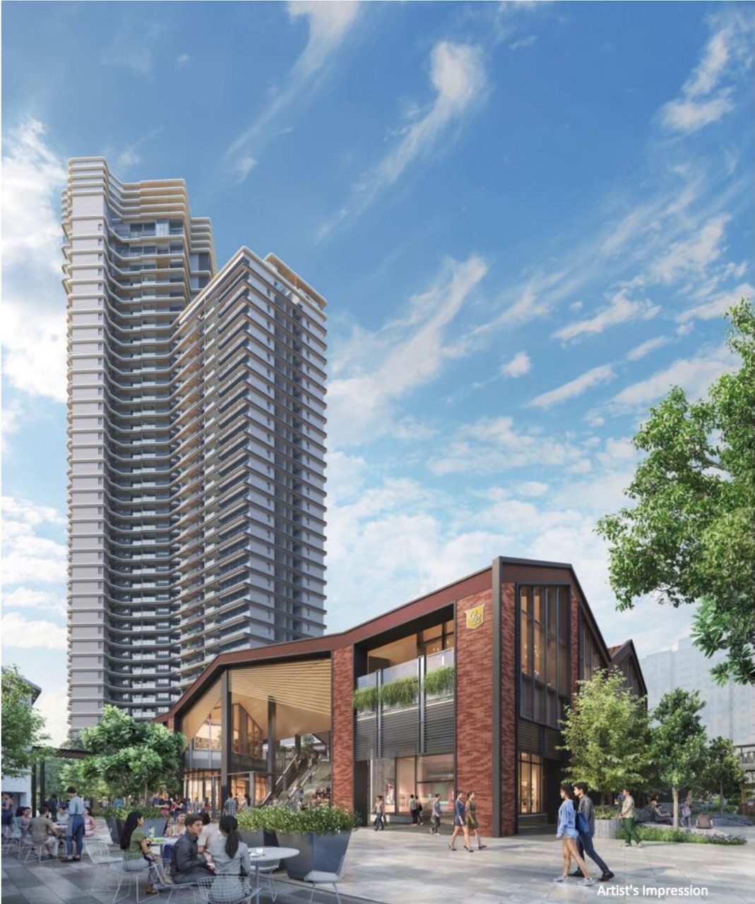 Artist's impression of the Union Square Residences tower behind the brick-clad retail pavilion and plaza